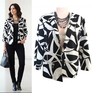 Chico's Black White Geo Print Open Front  Quarter Sleeve Cotton Stretch Jacket L